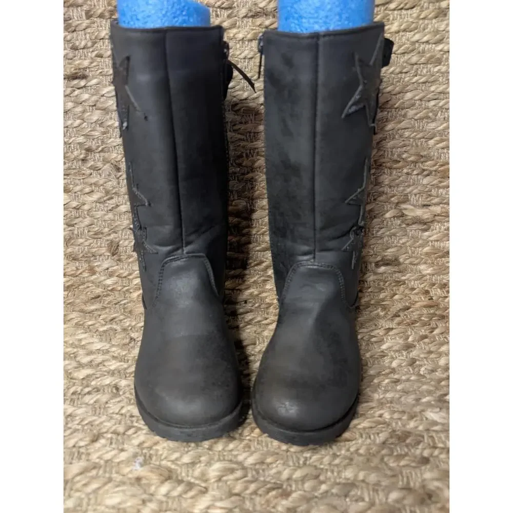 Nicole Miller Girls Leather Black Boots Bow Tie Back Metallic Rockstar Size 13